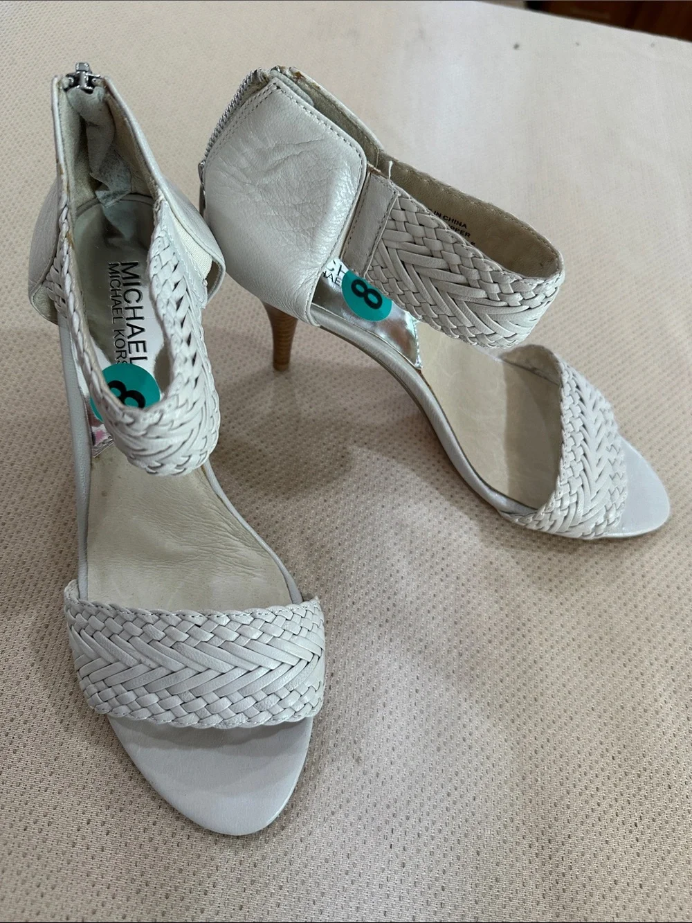 Michael Kors Woven Ankle-Strap Heels in white/ beige - Picture 1 of 5